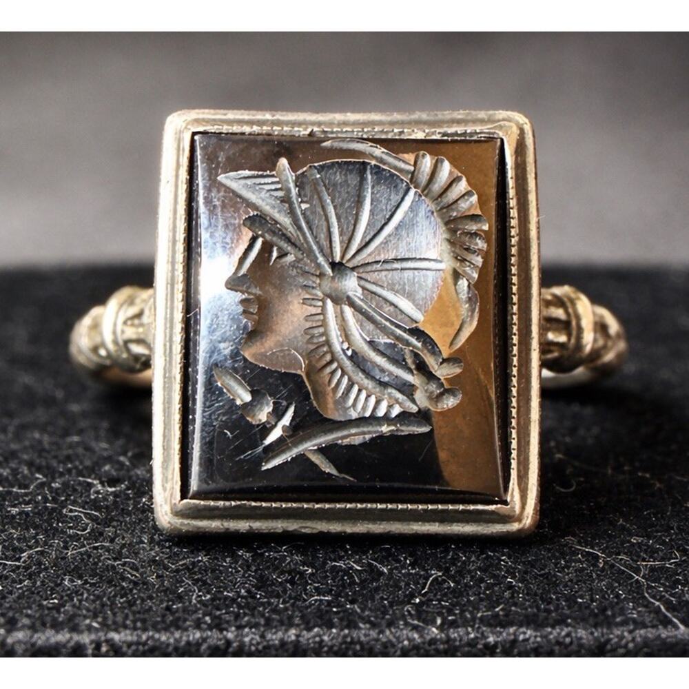 Vintage Sterling Silver Hematite Intaglio Ring Size 8 – Marked STERLING